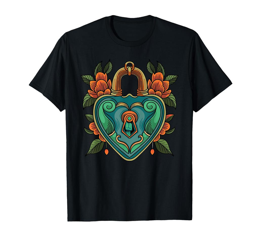 Vintage Heart Padlock Floral Tattoo Art Gothic Romantic T-Shirt