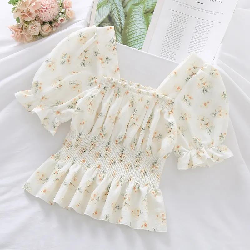 WTEMPO Женские летние шифоновые рубашки с цветочным принтом, женские повседневные желтые фиолетовые укороченные топы с квадратным воротником и коротким рукавом