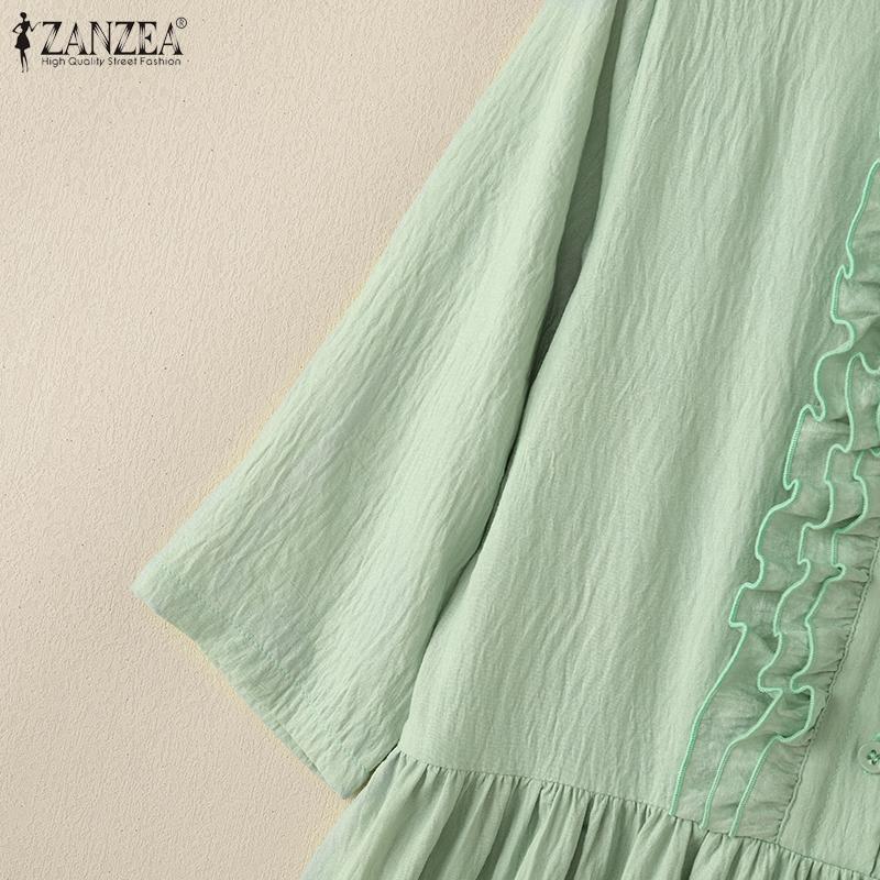 ZANZEA Женское повседневное платье с круглым вырезом, летнее, однотонное, с коротким рукавом