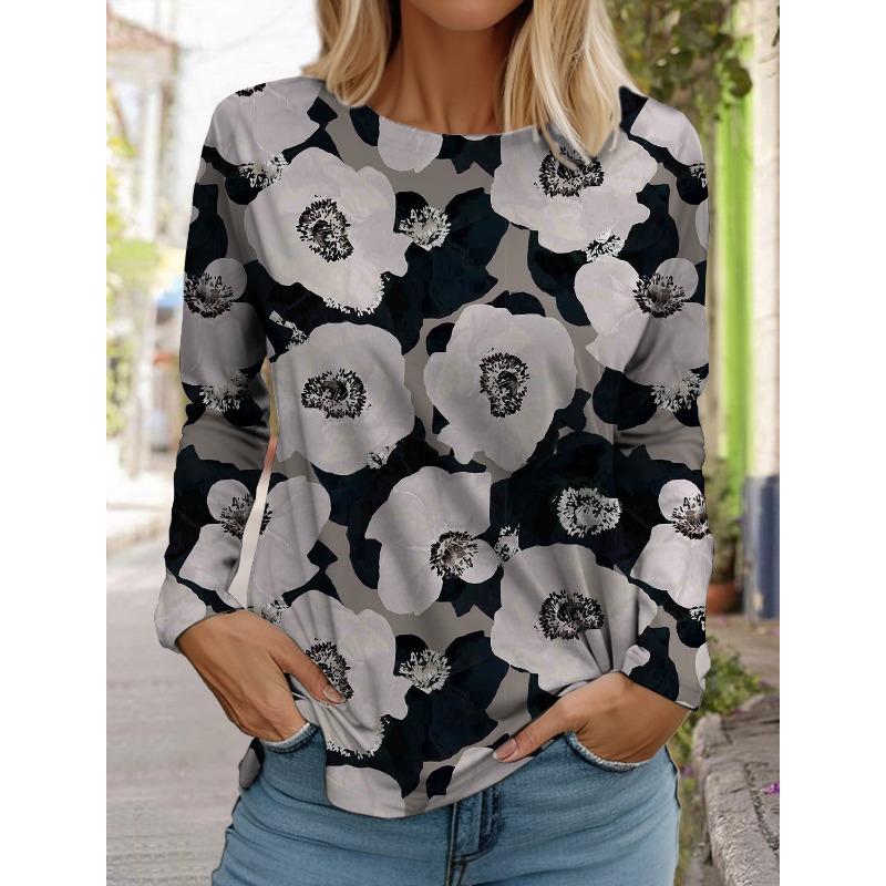 Women's White Long-sleeved Tops Round Neck Casual Tops 3d Printed Flowers Fashion Stickers Printed Women's Long-sleeved T-shirt