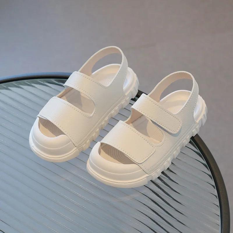 Girls Sandals Boys Beach Shoes 2024 New Kids Fashion Casual Shoes Solid Color Anti-kick Children Beach Sandals for Summer PU