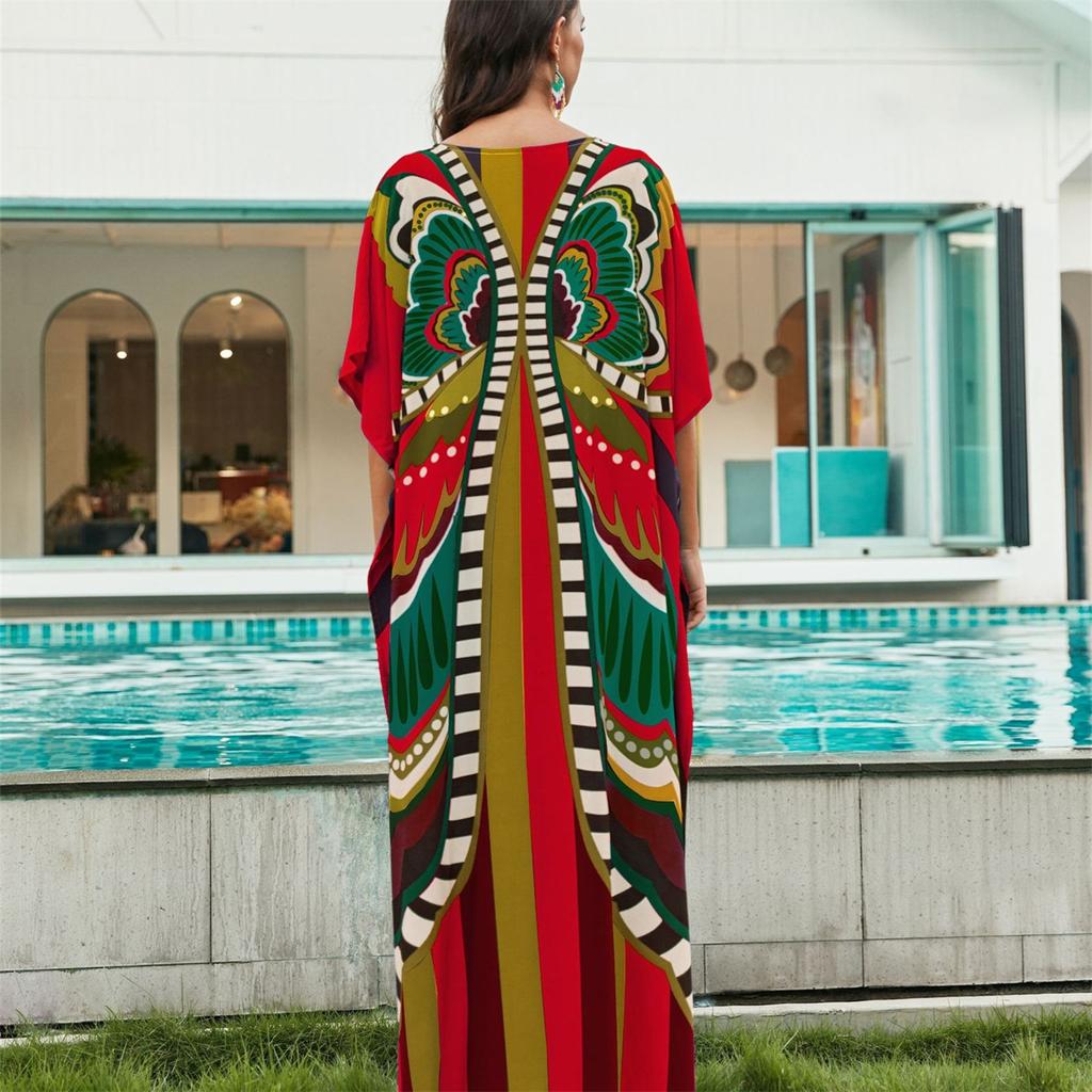 YYFS Women's Fashion Vacation Summer Spring Butterfly Print 1/2 Sleeves V-Neck Casual Dresses