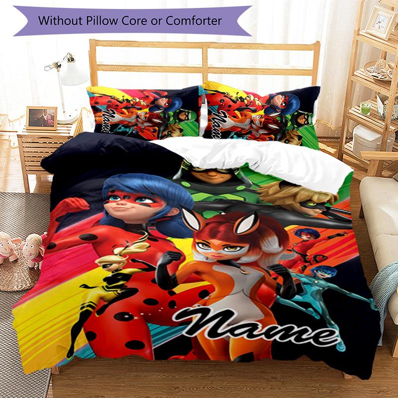 3pcs Ladybug2 Cover Set - Personalized Name, HD Printed Bedding with 1 Cover and 2 Pillowcases - Perfect for Home Decor, Easy Care
