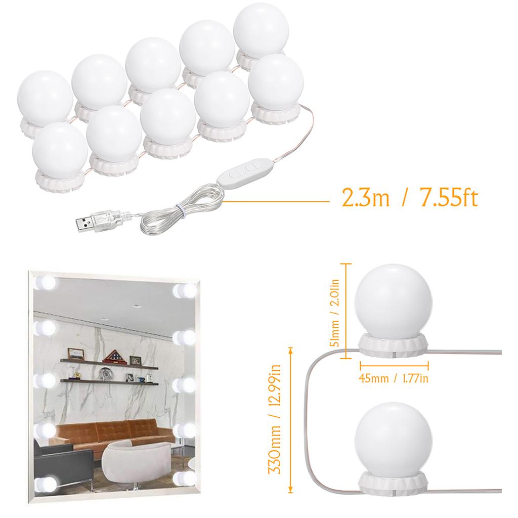 Vanity LEDs Mirror Lights Kit with 10 Bulbs Adjustable 10 Brightness & 3 Lighting Modes USB Mirror String Light for