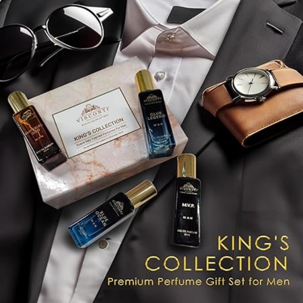 Подарочный набор «Духи для мужчин»: 4 x 20 мл парфюмерной воды и подарочный набор парфюмерии против пятен для мужчин Blue Ocean, Club Legend, Imperial Oud и MVP. мужчина