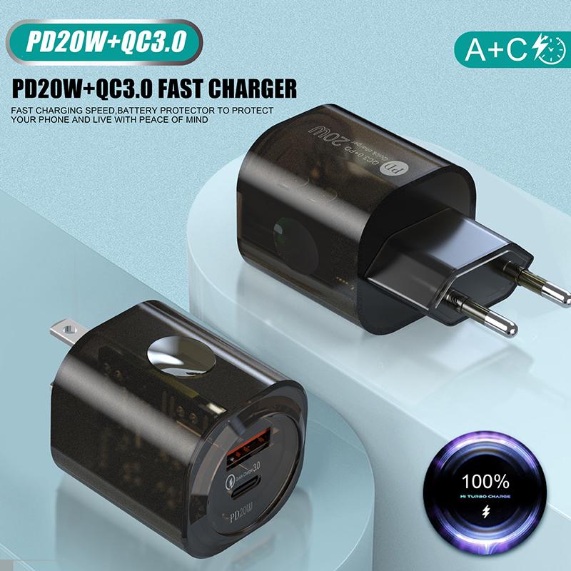 Pd 20 Вт USB и Type-C Двойные порты Быстрое зарядное устройство Quick 3.0 Адаптер Зарядное устройство для iPhone 14 13 12 Xiaomi Samsung EU и US Настенная зарядка