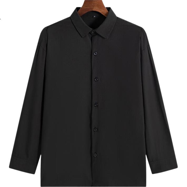 VANCAMEL Men's Long-Sleeve Shirt, Loose Casual Menswear Top, Korean-Style Solid Color Clothing, Black, 2XL