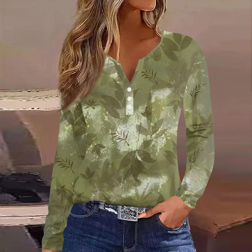 Женская модная повседневная футболка с V-образным вырезом и принтом листьев, с длинными рукавами и декоративными пуговицами