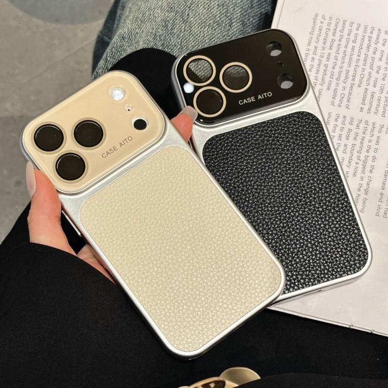 Роскошный чехол из однотонной кожи личи для iPhone 17 16 15 14 13 Pro Max Матовый противоударный гибридный чехол из стекла с защитой камеры