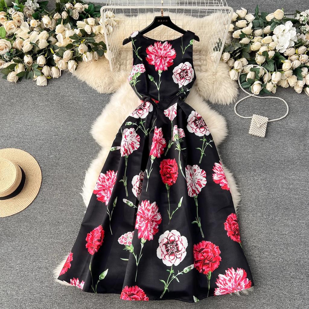 Summer Fashion Flower Vest Midi Dress Women's Sleeveless O-Neck Tank Floral Print Slim A Line Ball GownWomen Dresses