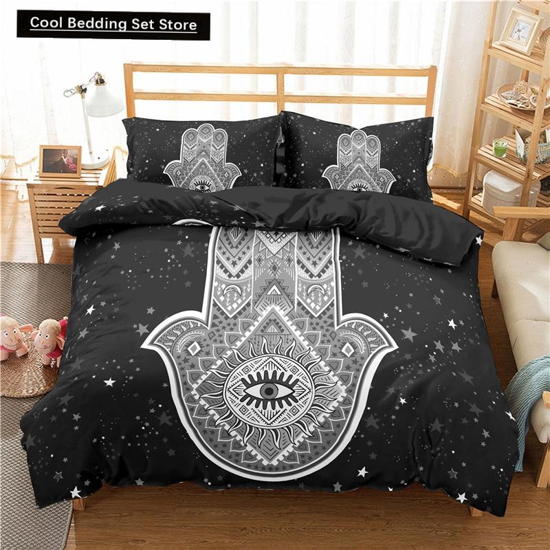 Comforter Hamsa Hand King Queen Gold Lucky Hand Of Fatima Bedding Set Black Boho Hippie Polyester Comforter