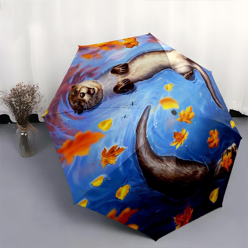 Otter, Autumn Leaves Theme 8 Bone Hand Automatic Folding Umbrella, Compact and Portable Design, A Perfect Gift for Birthday, Christmas or Bu