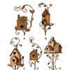 Handmade Iron Birdhouse Metal Garden Stakes Bird House Pole Stand Rustic Feeder Nesting Box for Outside Patio