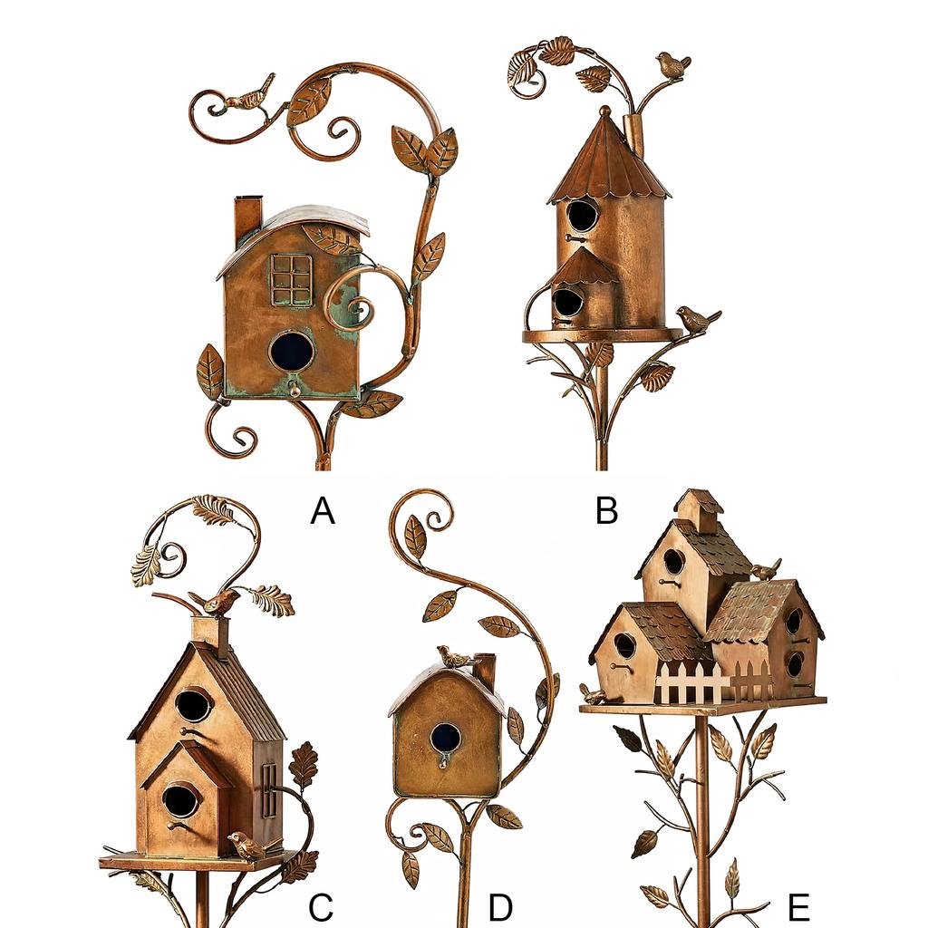 Handmade Iron Birdhouse Metal Garden Stakes Bird House Pole Stand Rustic Feeder Nesting Box for Outside Patio