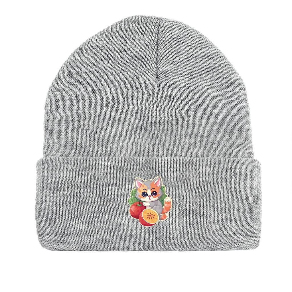 Cat Fruit Print Knitted Hat Beanie, Man Cap Elastic Candy Color Trendy Pompom Beanies Knit Cap Beanie