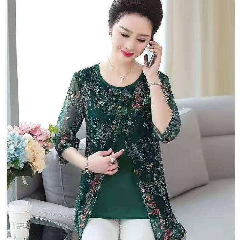 Женская одежда, летняя футболка из шифона с винтажным цветочным принтом и коротким рукавом, летняя повседневная мода, сшитая из двух частей, топы с круглым вырезом