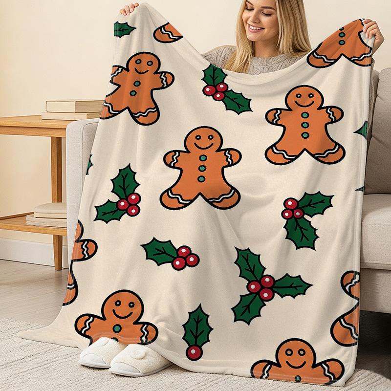Thick Warm Flannel Blanket - Gingerbread Man Christmas Series, Soft Cozy Single Guest Room Spare Blanket, Home Decor for Festive Christmas Vibes