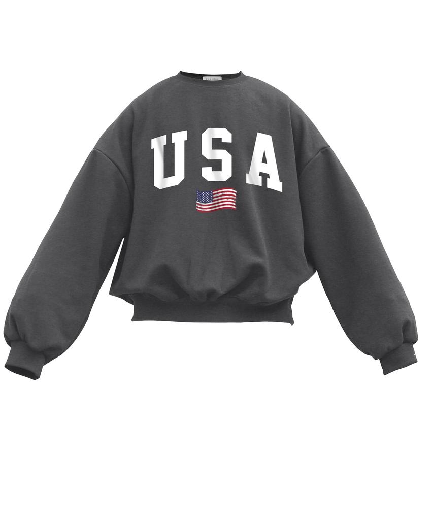 Свитшот Oeta USA Flag, двойной хлопок, свободный крой, спущенное плечо, объемный крой