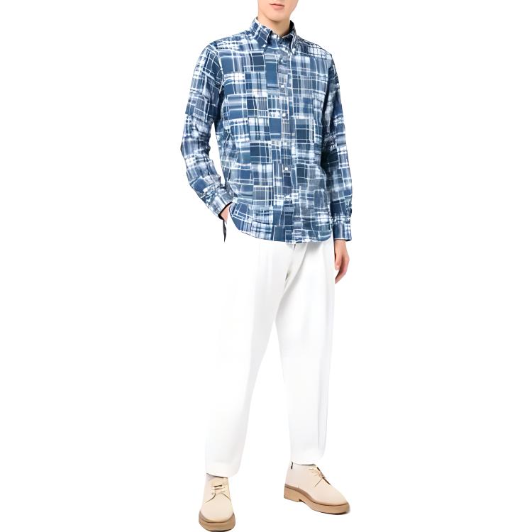 Polo Ralph Lauren FW22 Узорчатый набивной воротник поло рубашка на пуговицах с длинным рукавом мужские рубашки синий 710869417-001