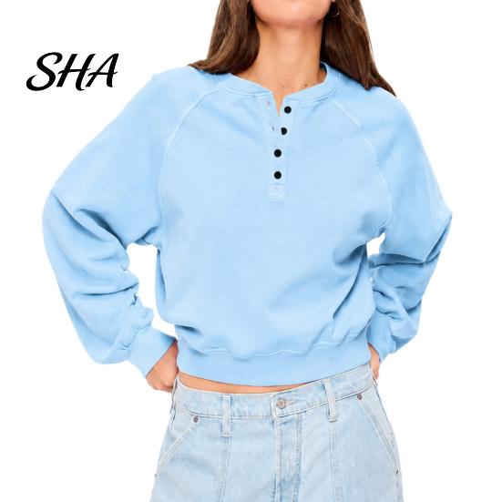 Henry Collar Shirt Women's Crew Neck Sweatshirt, Loose Pullover Long Sleeve Fit Sweatshirt Shirts, Oversized Button Up Casual Tunic Tops Women