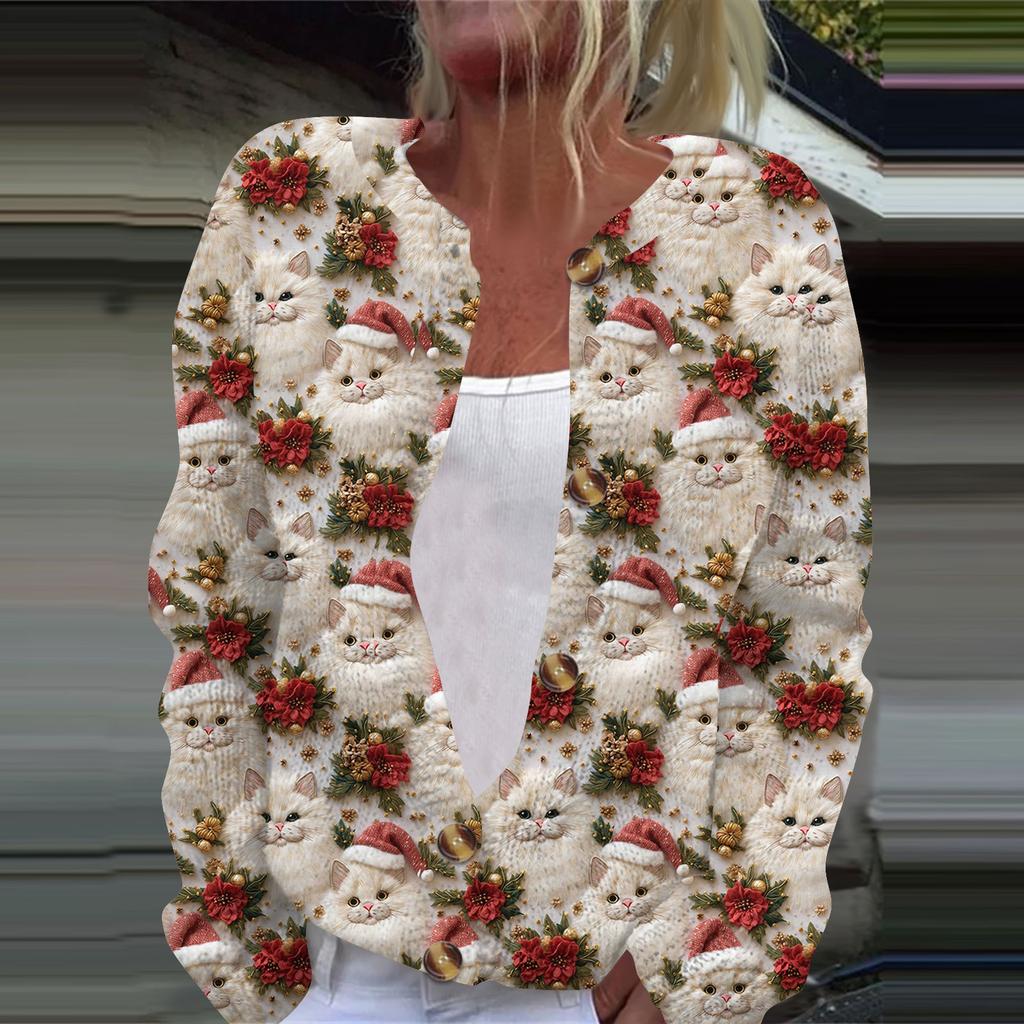 Women's Fashion Christmas Printed Long Sleeve Knitted Cardigan Button Down Jacket