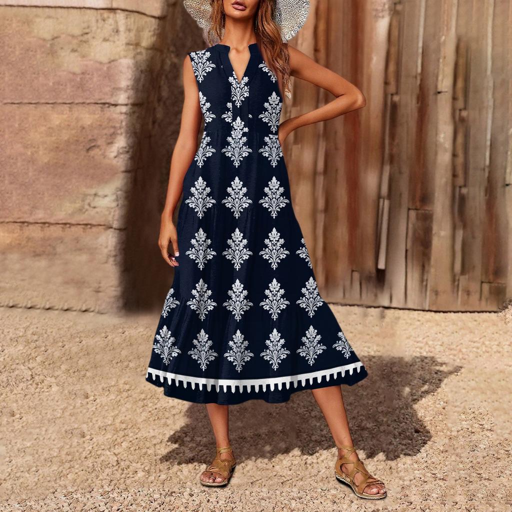 Women's Casual And Fashionable V-neck Sleeveless Printing Mid Length Dress