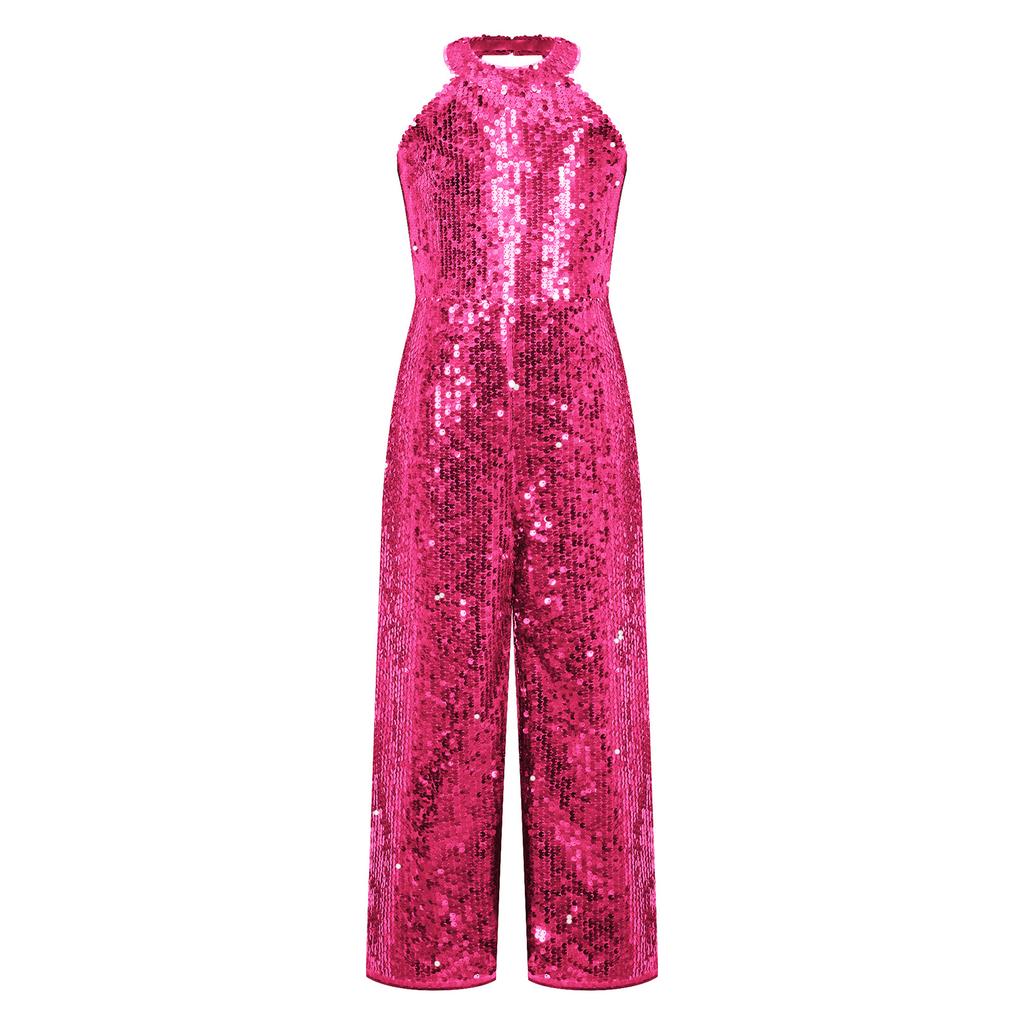 Girls Shiny Sequin Romper Halter Neck Wide Leg Pants One Piece Jumpsuit Sleeveless Party Dancing Outfit