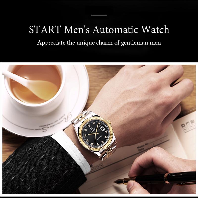 Start Мужские часы с бриллиантовым циферблатом, автоматические механические часы, водонепроницаемые часы с функцией календаря, золотые часы