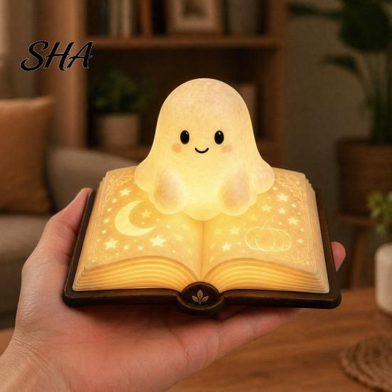 Safe Bedside Lamp for Kids Magic Book Ghost Night Light, Resin Tabletop Warm Glow with Moon Durable Small Table Star Relief, Cute Sleeping Light