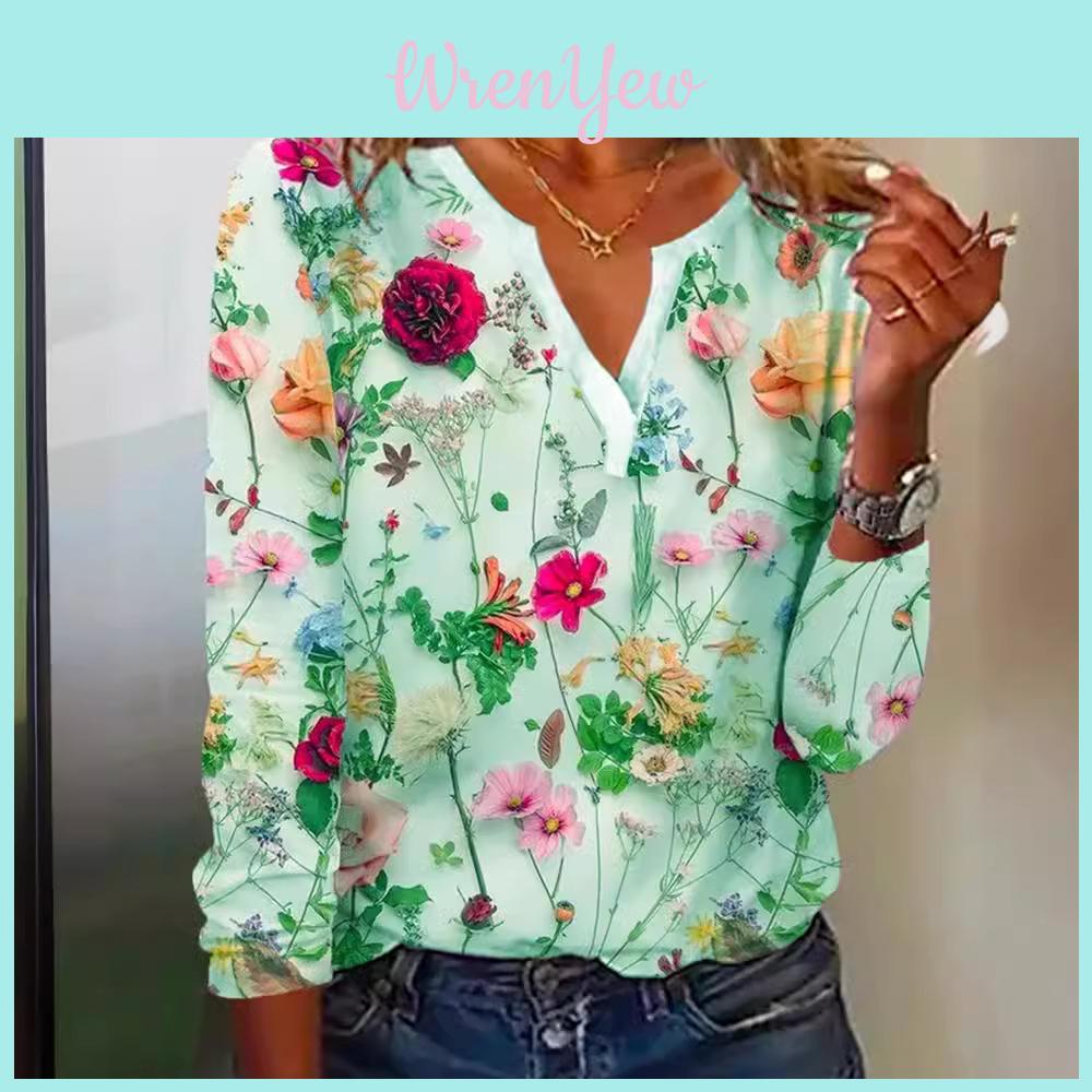 Floral Printed Vneck Long Sleeve Tshirt For Women With Polyester And Spandex For Casual Wear