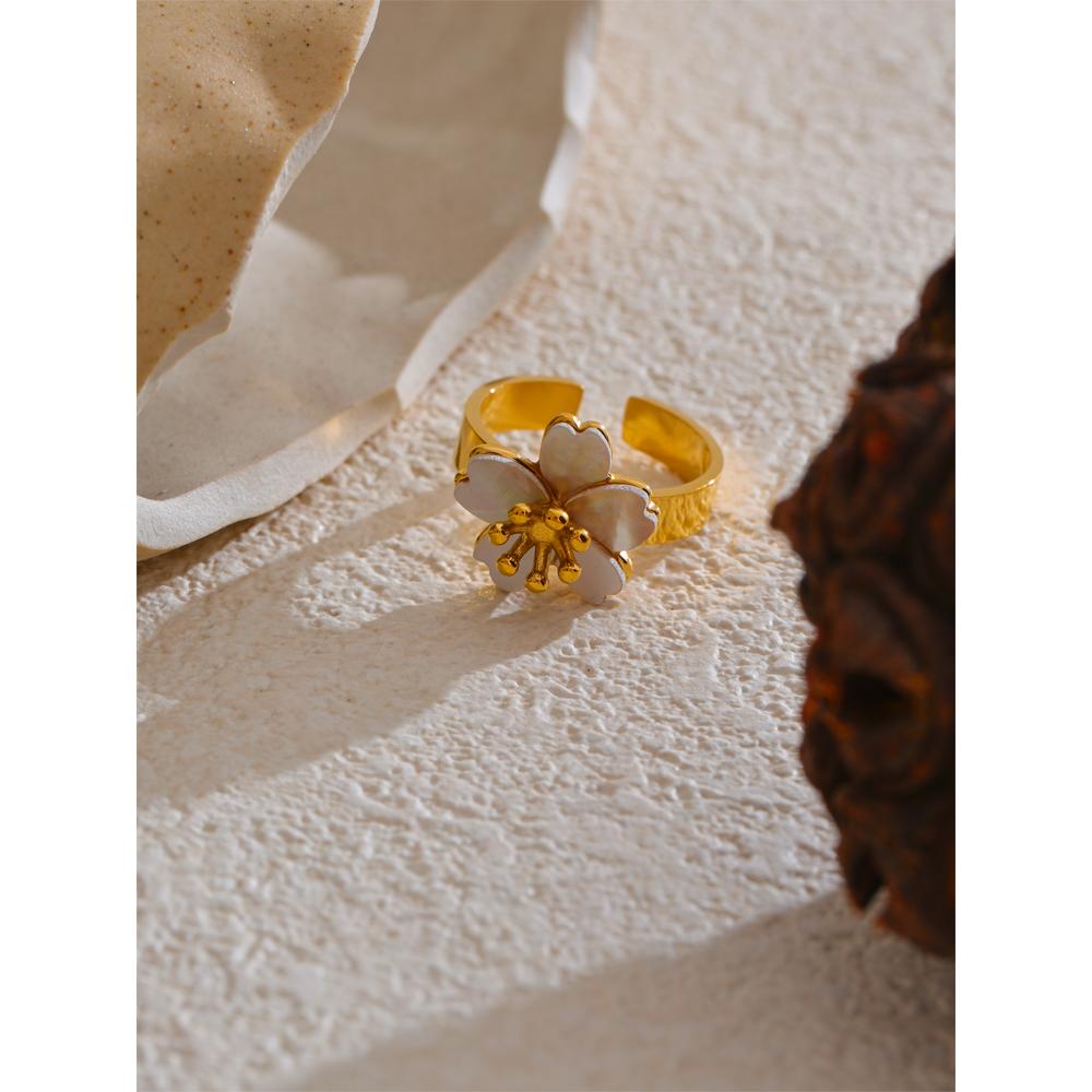 Yhpup 316L Stainless Steel Natural Shell Flower Golden Open Ring for Women High Quality Exquisite Popular Jewelry