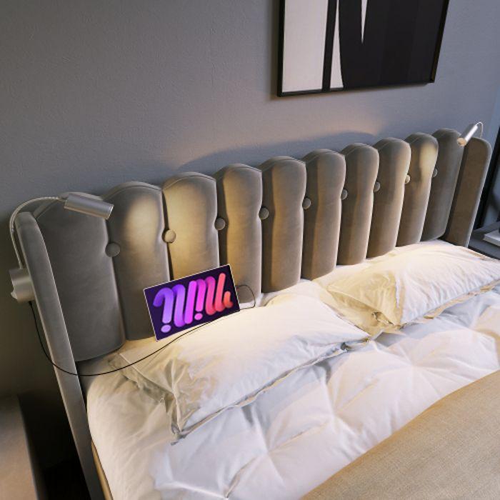Lit double capitonné - MUVOE - 140x200 - Tête de lit avec lampe de lecture - Fonction de recharge USB - Gris