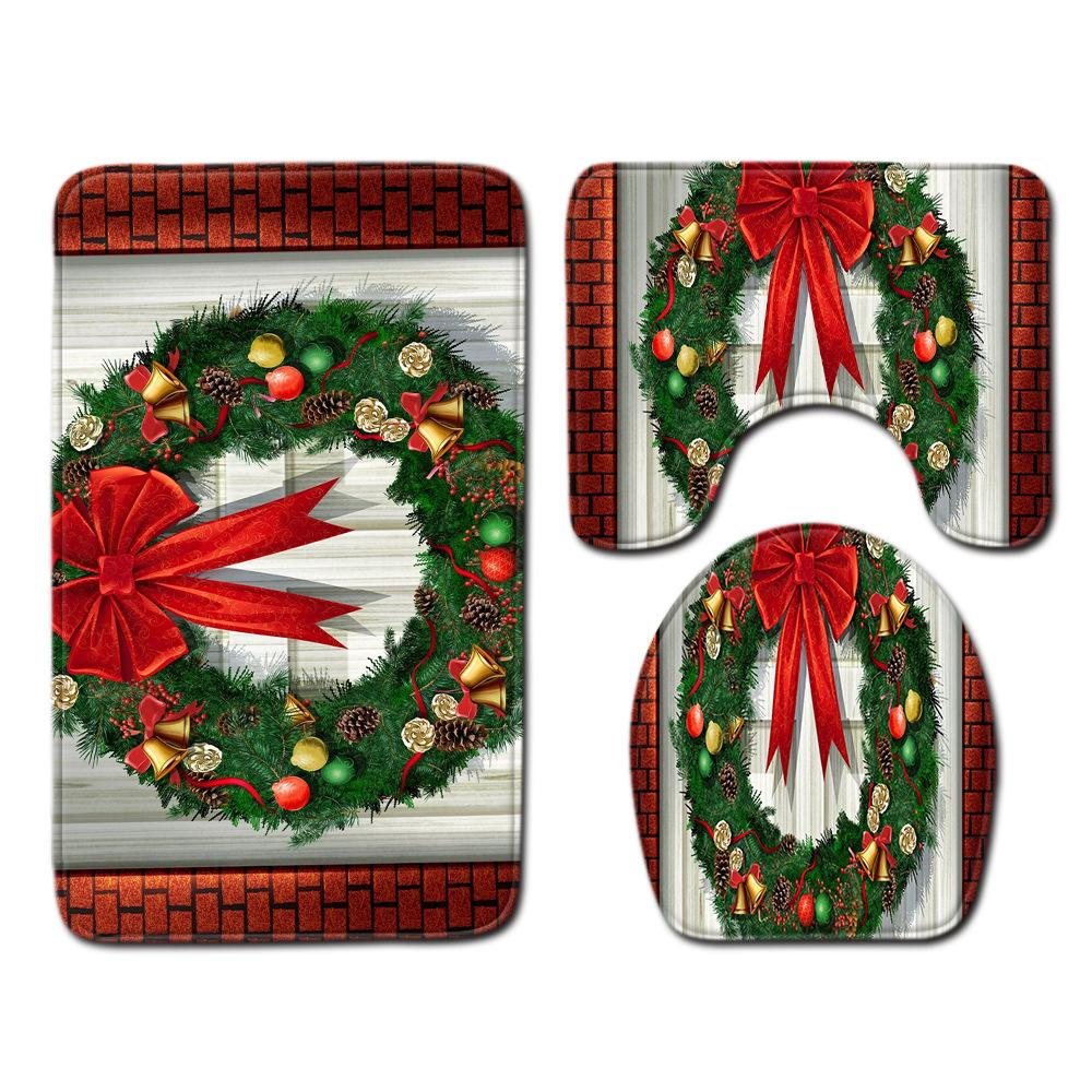 Christmas Bathroom Shower Curtain Toilet Floor Mat Four-Piece Bathroom Non-Slip Door Mat Kitchen Bedroom Absorbent Carpet