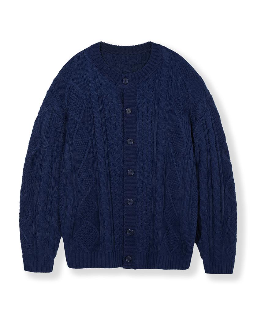 Кардиган Nodu Fisherman Cable с круглым вырезом, полуприлегающего силуэта, с длинным рукавом, вязаный, косами [Темно-синий]