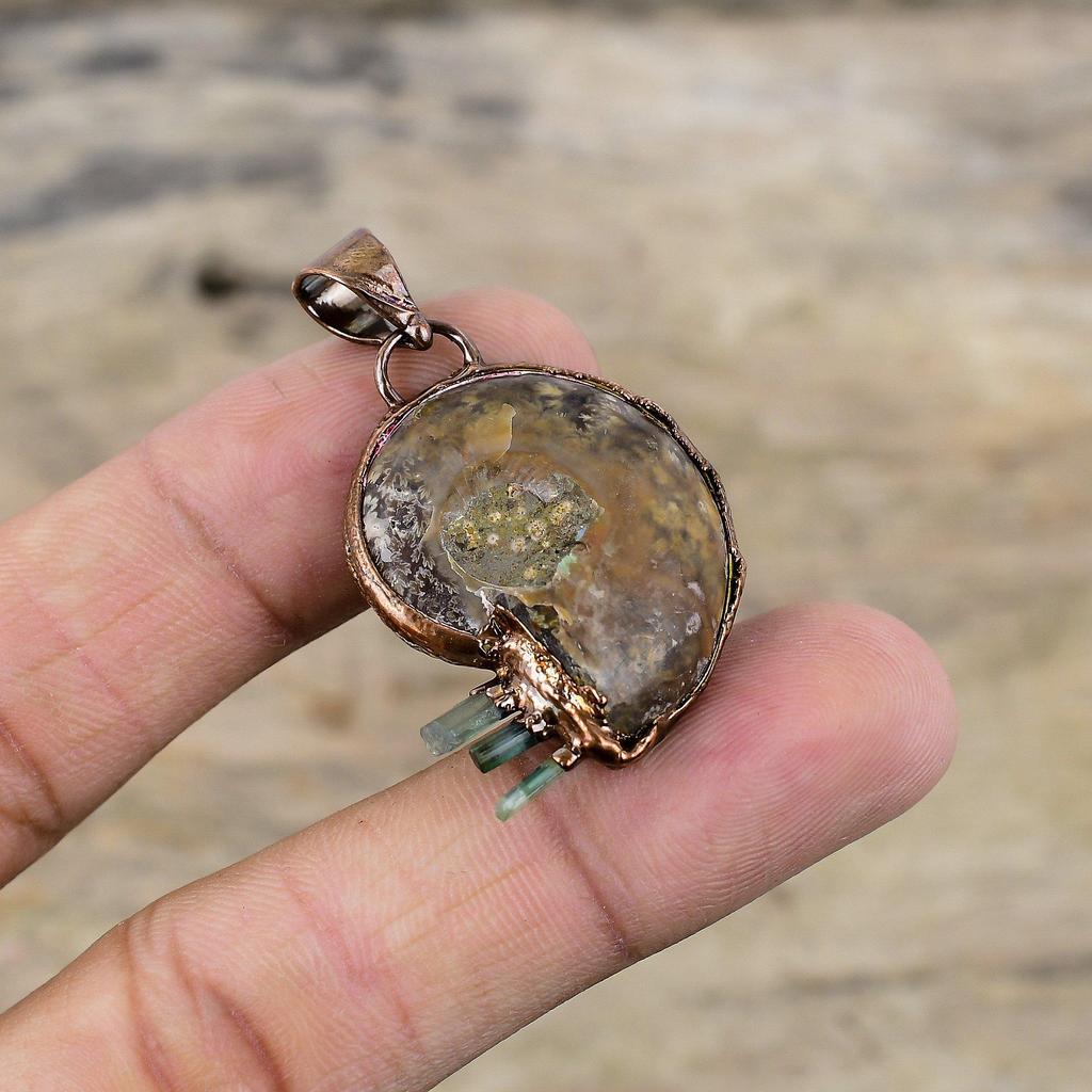 Подвеска из окаменелости аммонита, гальванопластическая медная подвеска, подвеска из драгоценного камня, грубая подвеска из аквамарина, ручная работа, гальванопластическая ювелирная подвеска для женщин