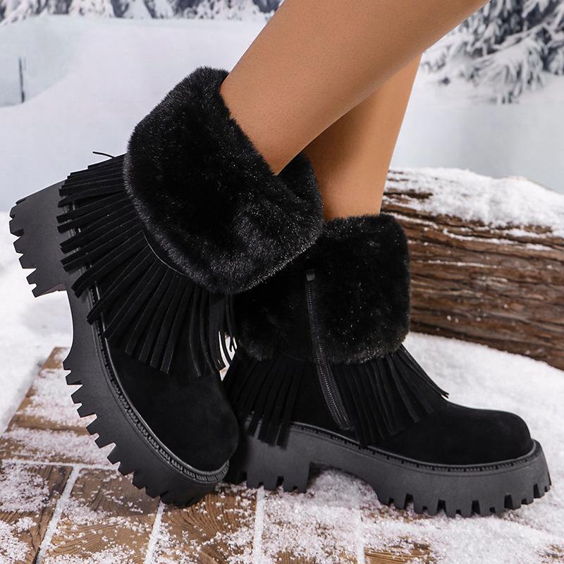 Женские зимние ботильоны на платформе с леопардовыми кисточками, замшевые меховые туфли на среднем каблуке, короткие плюшевые зимние ботинки 2025 года, тренд, теплые ботинки для женщин