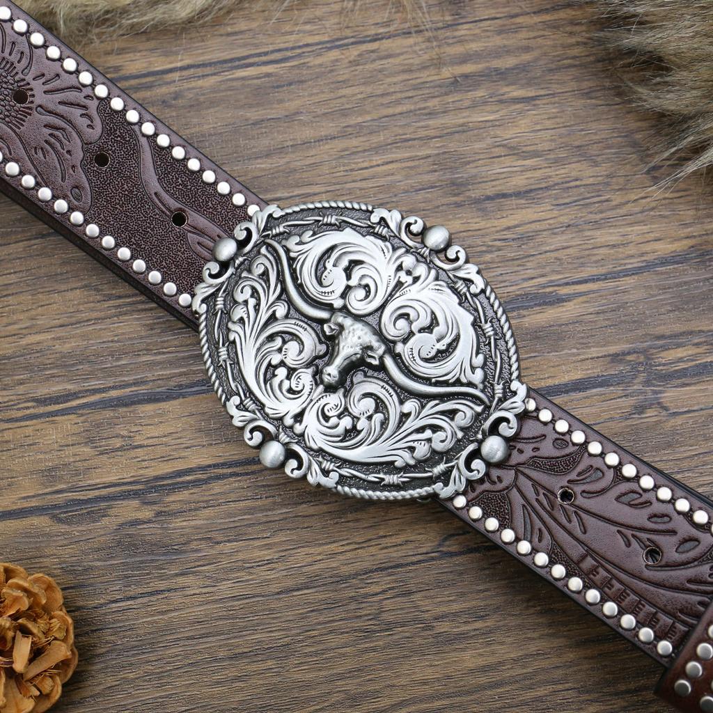 Ремень из джинсовой ткани Western с резной головой быка и винтажными бусинами по краям для мужчин в стиле панк, хип-хоп, искусственная кожа
