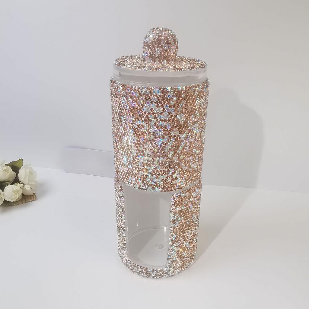 Luxury Acrylic Brush Organizer with Lid Sparkling Rhinestones Cosmetic Makeup Organizer Box Round Storage Container