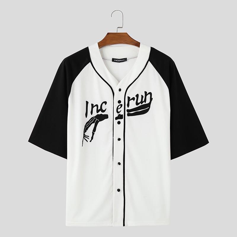 INCERUN Мужские повседневные летние футболки без воротника с коротким рукавом и буквенным принтом