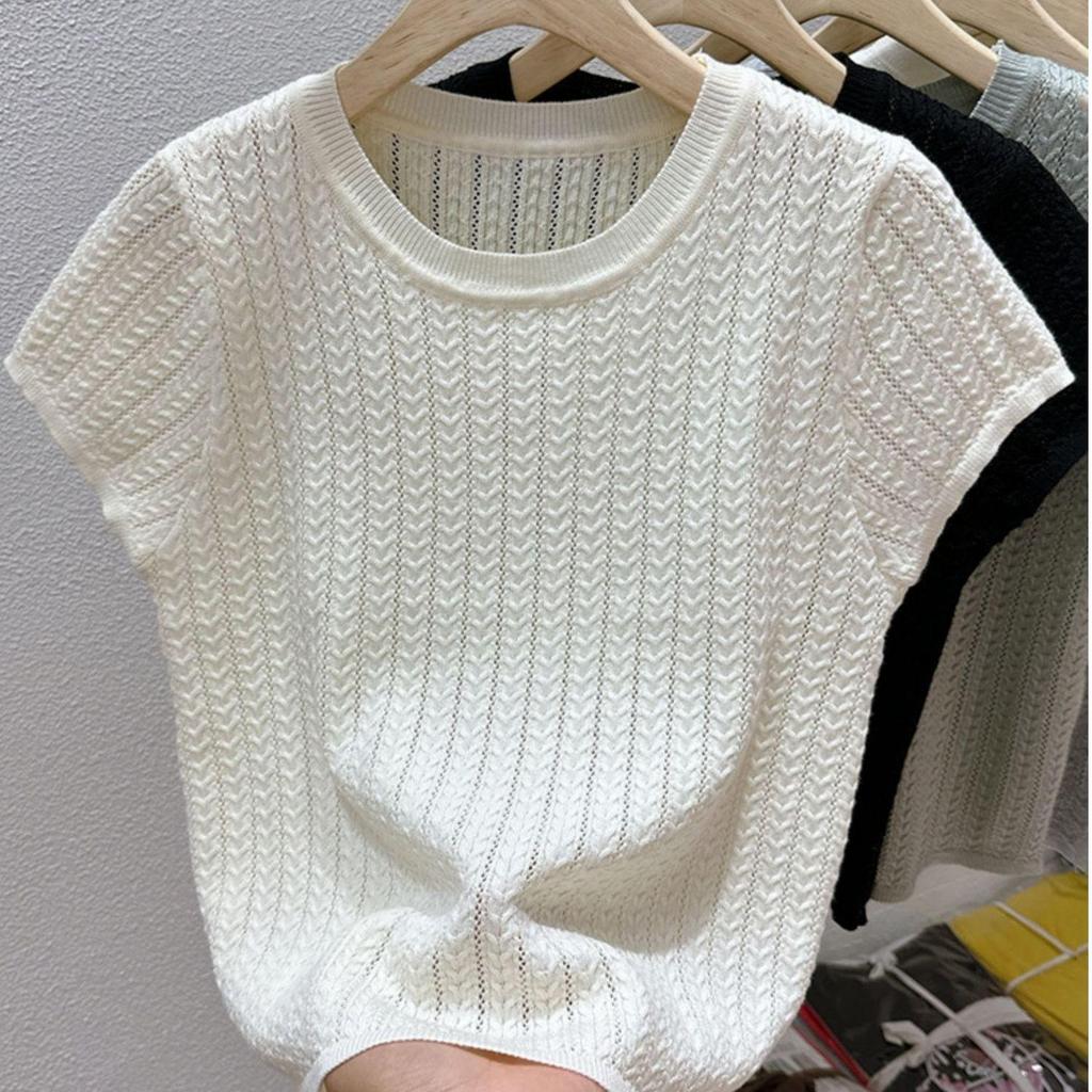 Женский топ с коротким рукавом в корейском стиле, вязаный ажурным узором, весна/лето 2025