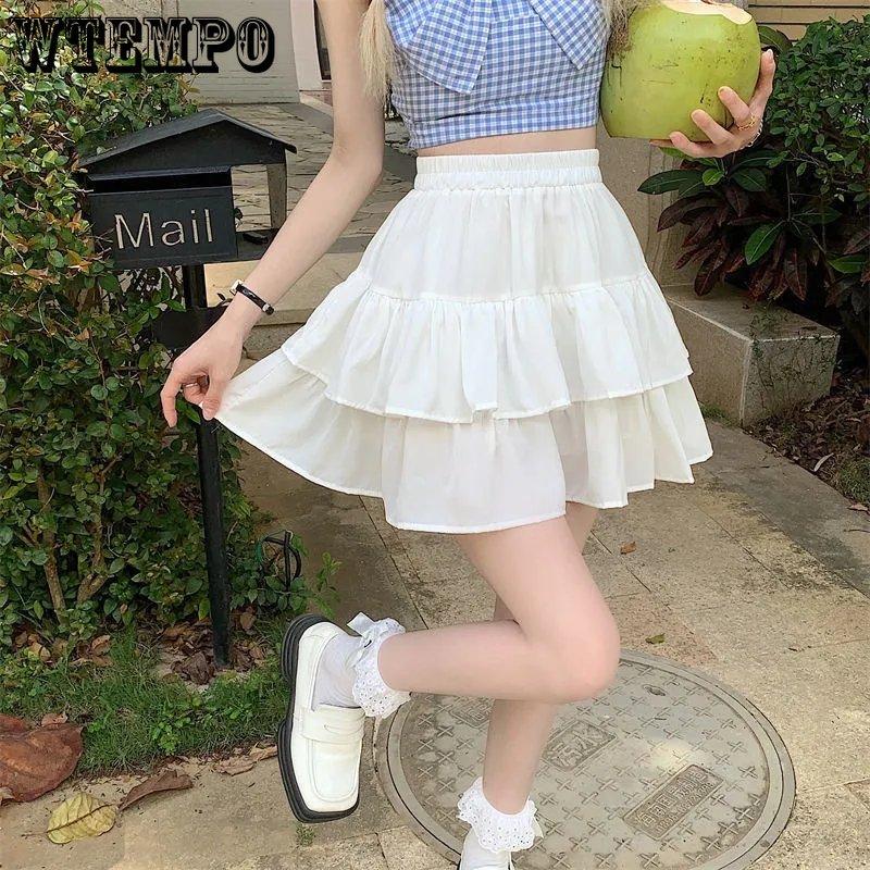 Black White Mini Skirts Women Spring Summer All-match Double Layer Cake Skirt Elastic High Waist Loose Ruffles Tutu Skirt