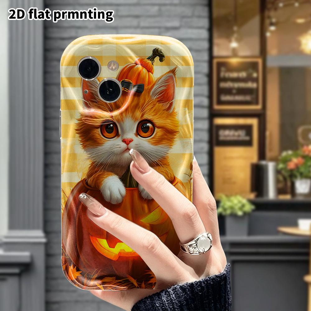 Чехол для телефона: 2D плоский, подходит для защитного чехла iPhone 18 17 16 15 14 13 12 Pro, украшение для телефона, оранжево-белый котенок, Хэллоуин и Рождество