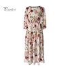 Летнее женское платье с цветочным принтом трапециевидной формы со свободным подолом в винтажном стиле с высокой талией во французском стиле с рукавами три четверти плиссированным круглым вырезом для выпускного коктейля, банкета