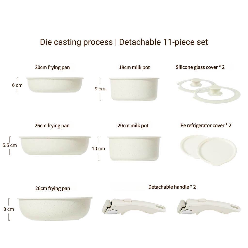 Съемная ручка Набор посуды Гранитное покрытие Антипригарные кастрюли Кастрюля для молока Сковорода Сотейник Компактный кухонный набор Штабелируемое хранение Индукционная плита Кастрюля