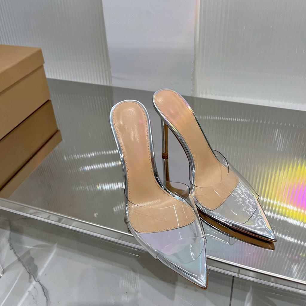 Transparent high-heeled cool slippers for women in the summer of 2025, new fashion, thin heels, pointed heads, sexy open toes, and one-word drag for o