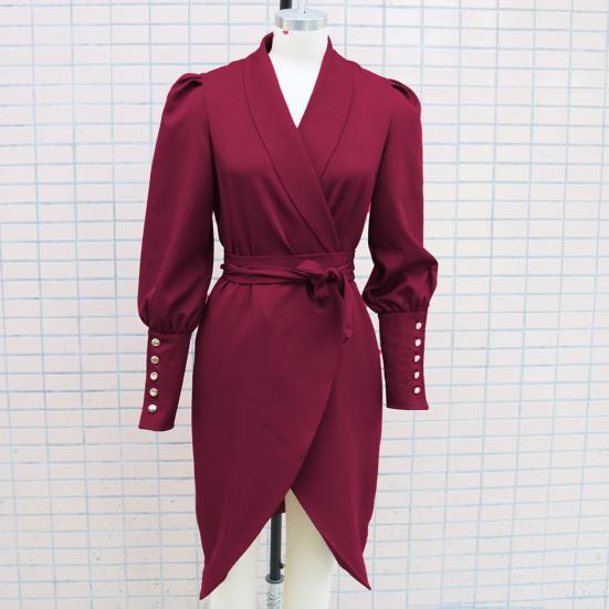 Women Formal Dress Business Style Turn-down Collar Long Sleeve Pure Color Slim Fit Lace-up Cross