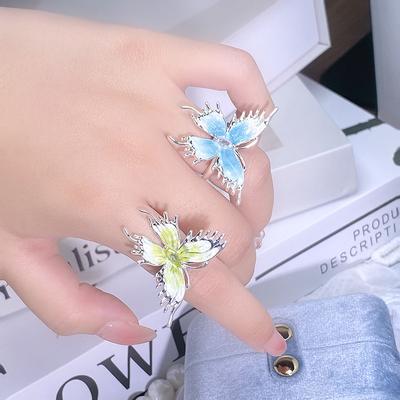 Маленькое свежее эмалевое кольцо с бабочкой, капающим маслом, ощущение прохлады, открытое кольцо, женское, с высоким чувством, для ношения в стеке, нишевый дизайн