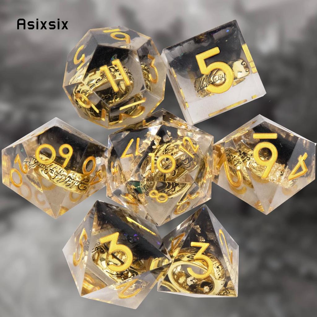 7 Pcs Black Resin Ring Golden Number Sharp Edge Dice Polyhedral Dice Suitable for Role-Playing RPG Board Game
