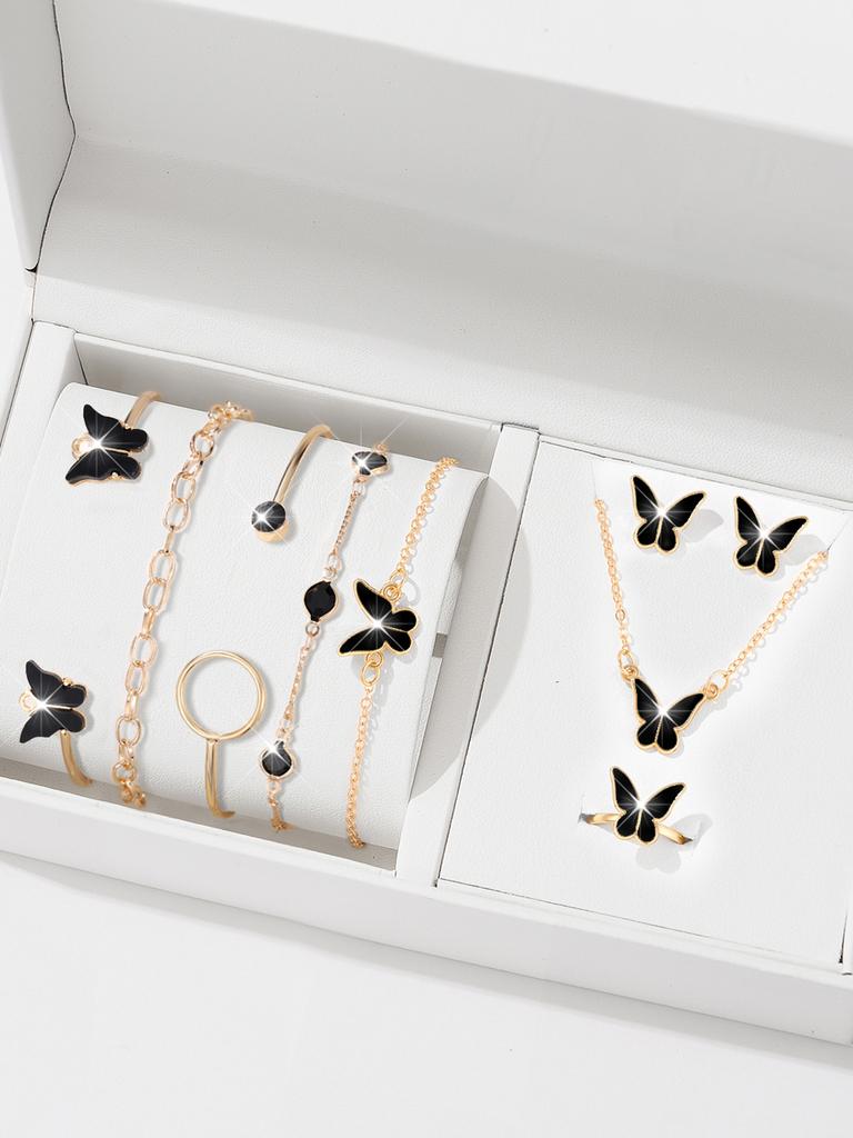 9pcs Women's Zircon Set, Luxury Ladies Fashion Casual Butterfly Bracelets, Necklace, Earrings, Ring Zircon Set, Suitable for D