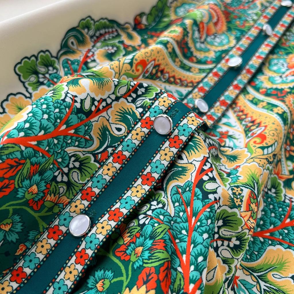 New Vintage Autumn Green Flower Printed Shirt Collar Dress For Women Single Breasted Lantern Sleeve Belt Holiday Midi Robe